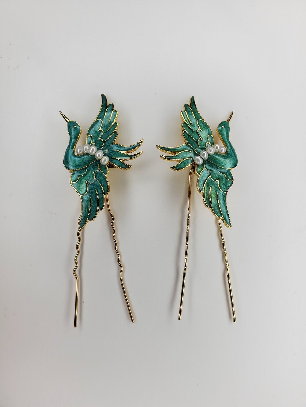 Vtg. Crane Birds Enamel Hair Pins